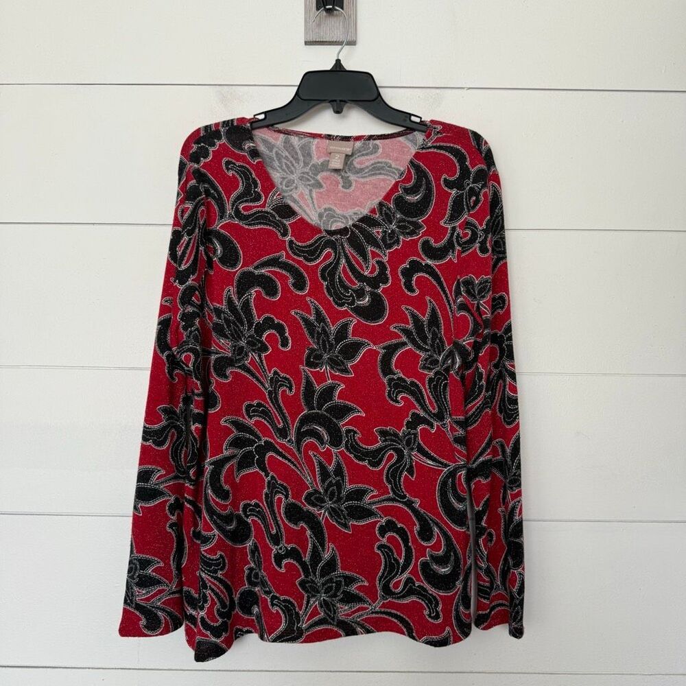 Chico’s Women’s 2 Red Patterned Longsleeve Top Shirt Stretchy